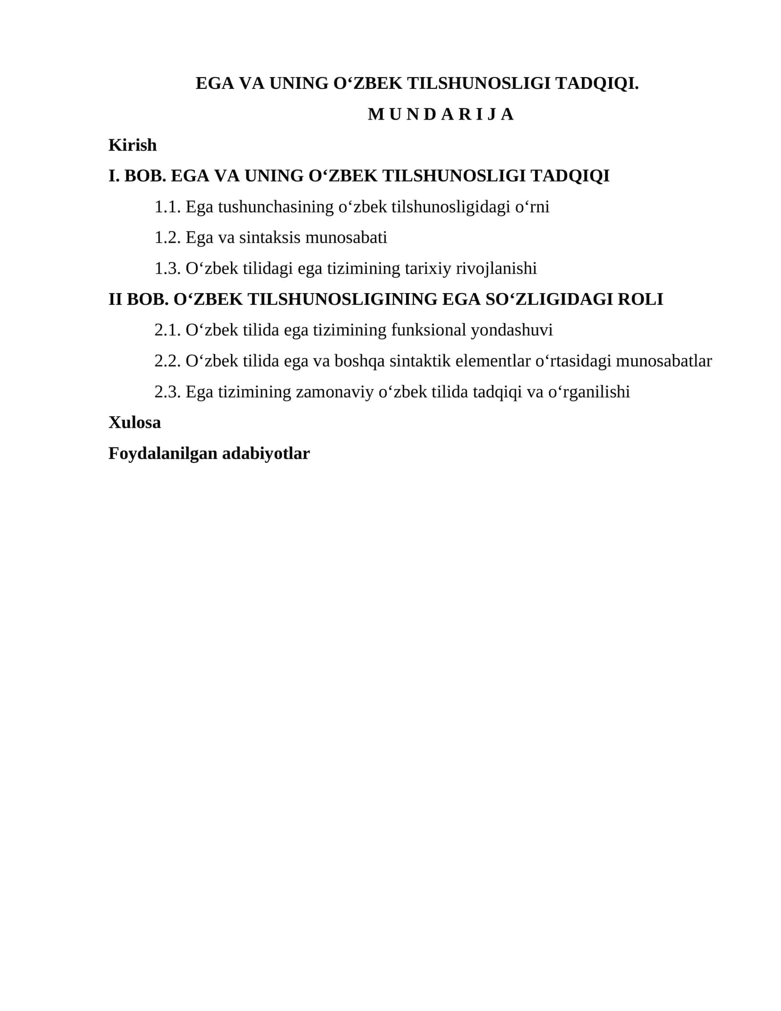 Ega va uning o‘zbek tilshunosligi tadqiqi