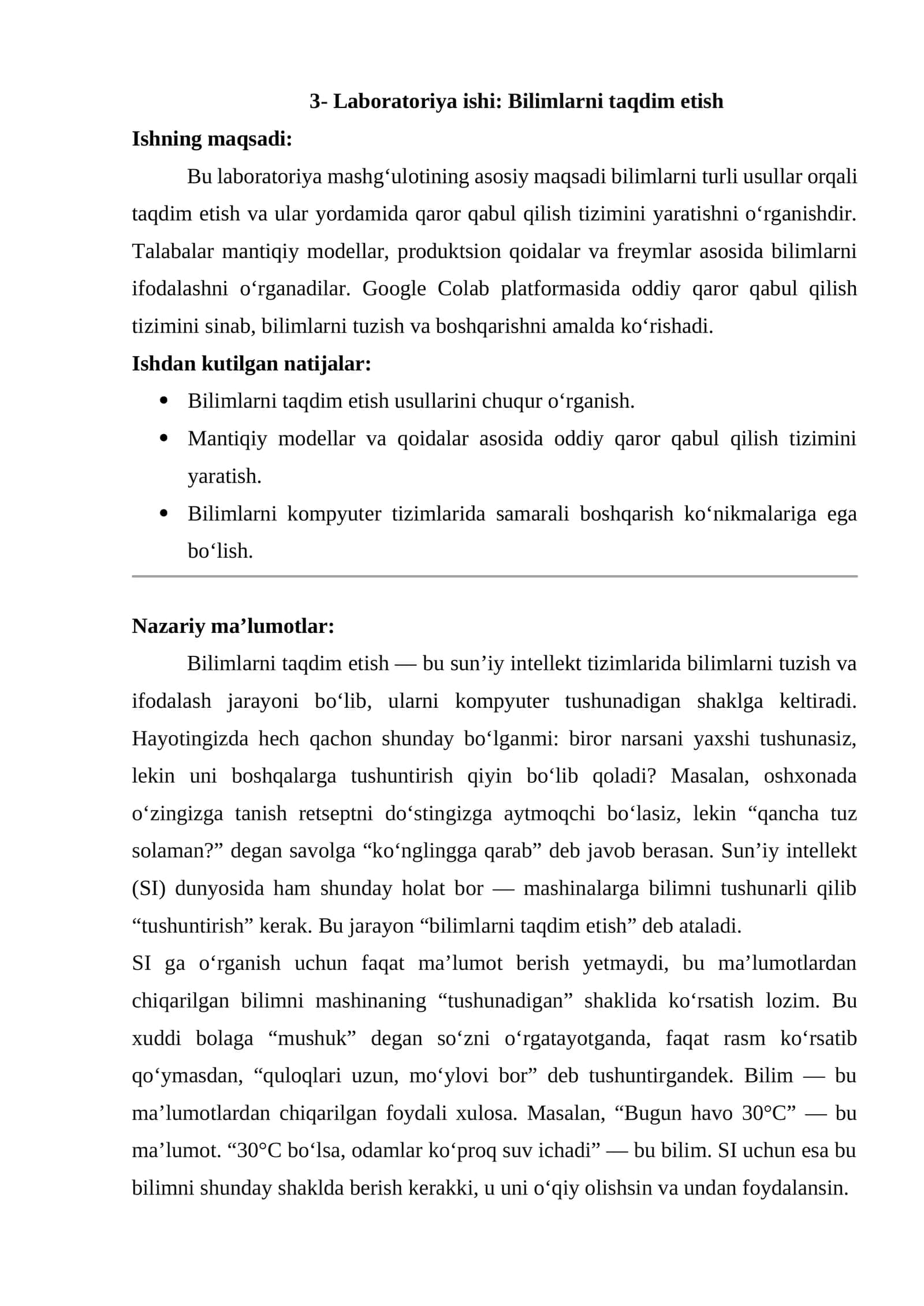 3- Laboratoriya ishi: Bilimlarni taqdim etish