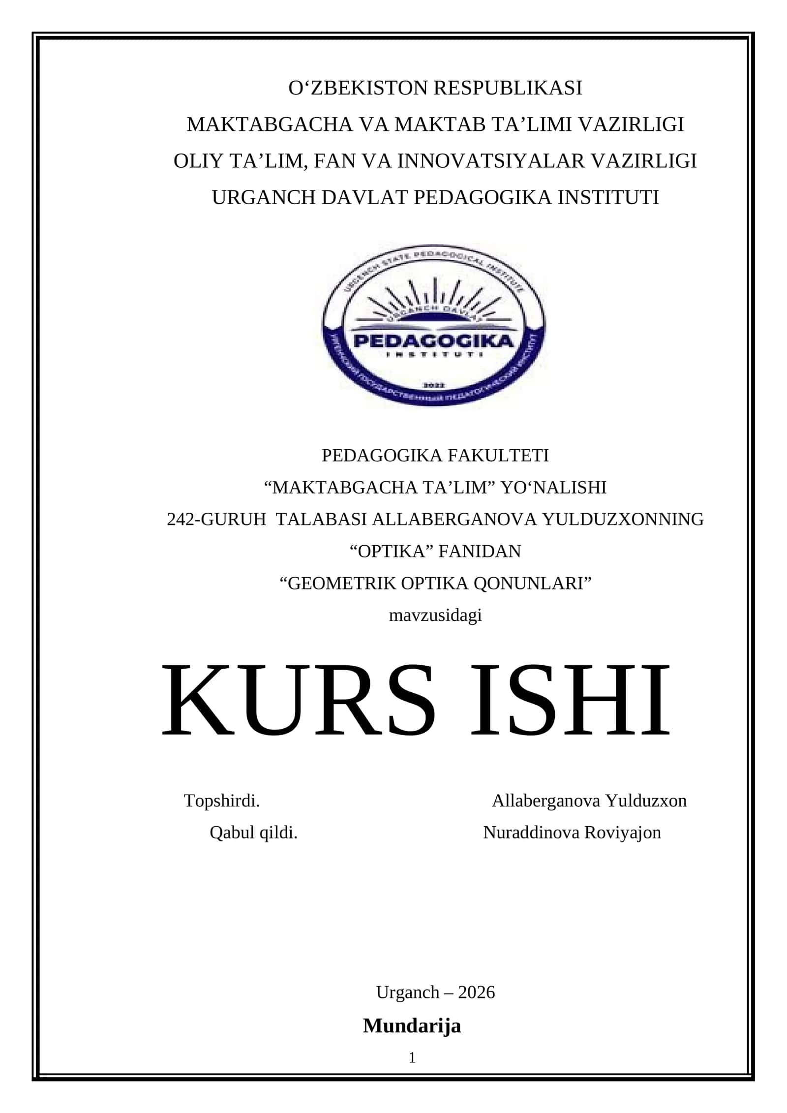 "GEOMETRIK OPTIKA QONUNLARI" KURS ISHI