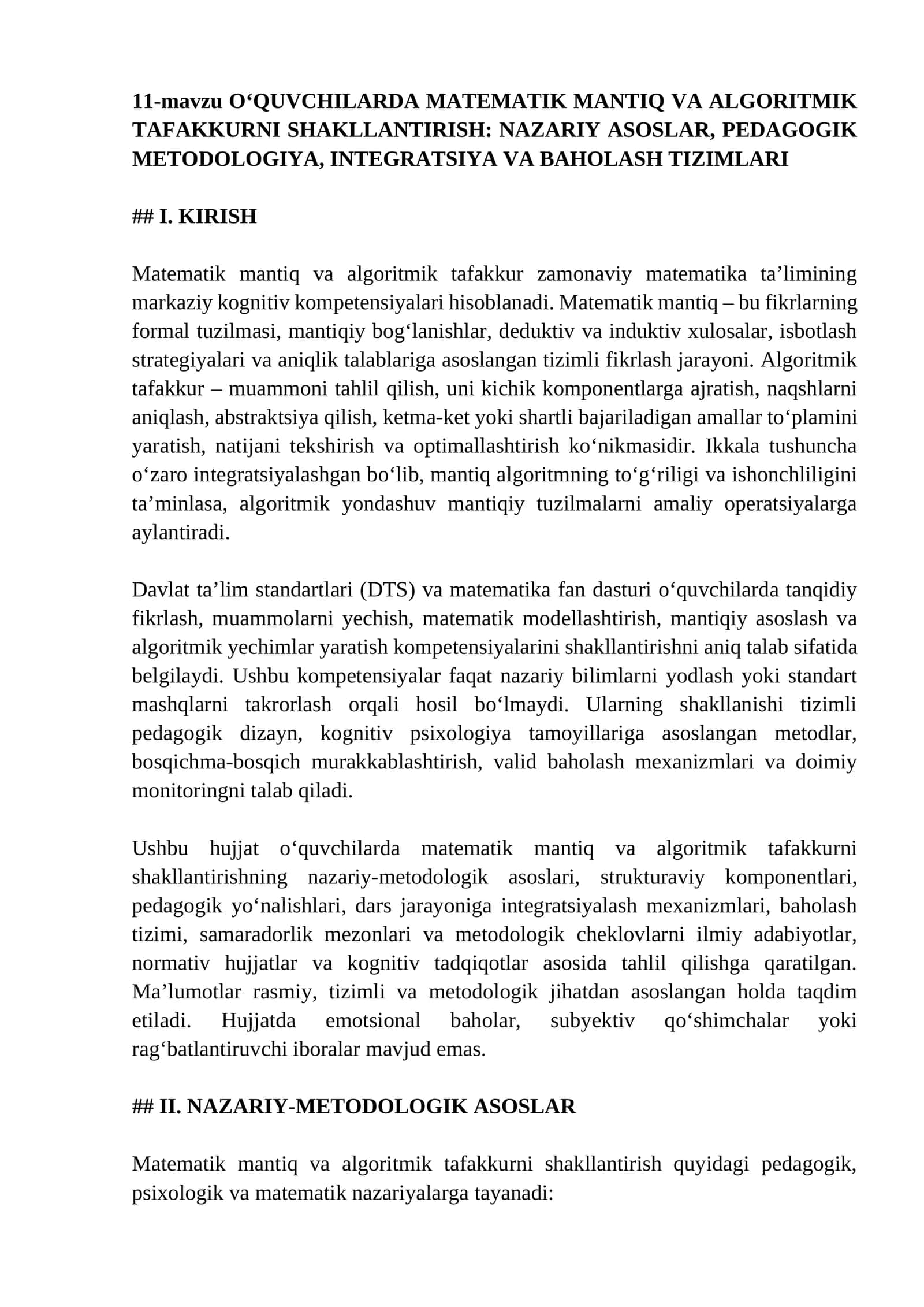 O‘QUVCHILARDA MATEMATIK MANTIQ VA ALGORITMIK TAFAKKURNI SHAKLLANTIRISH: NAZARIY ASOSLAR, PEDAGOGIK METODOLOGIYA, INTEGRATSIYA VA BAHOLASH TIZIMLARI
