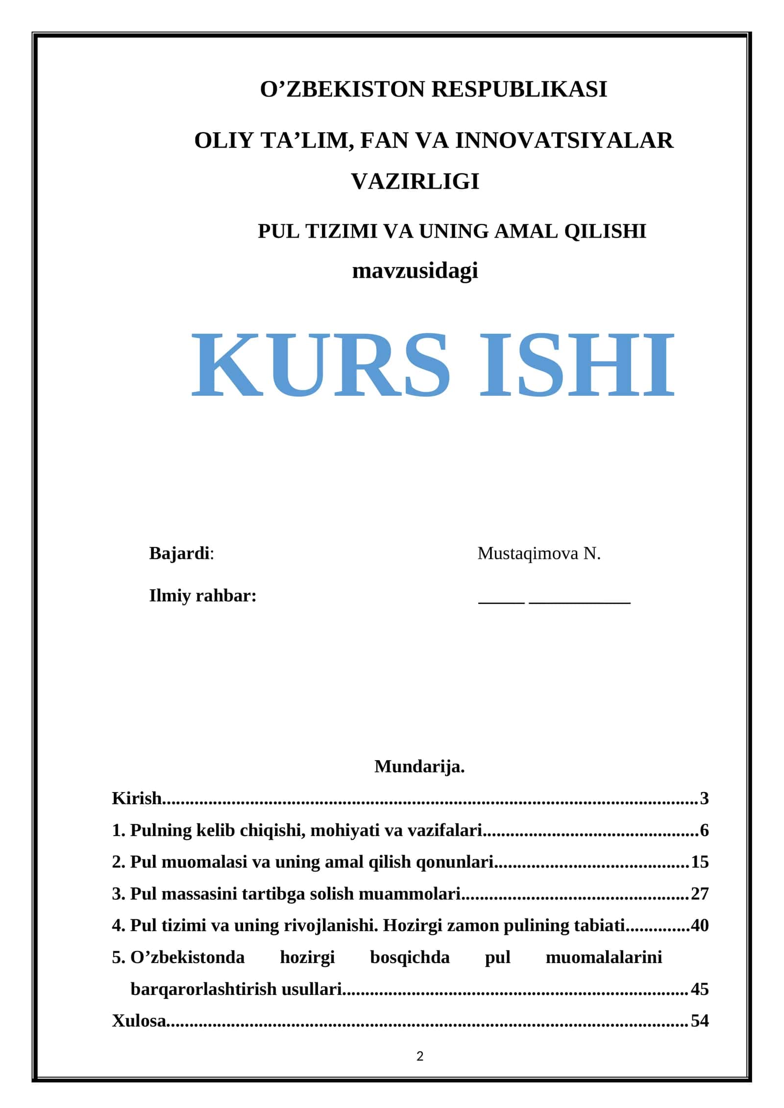 PUL TIZIMI VA UNING AMAL QILISHI