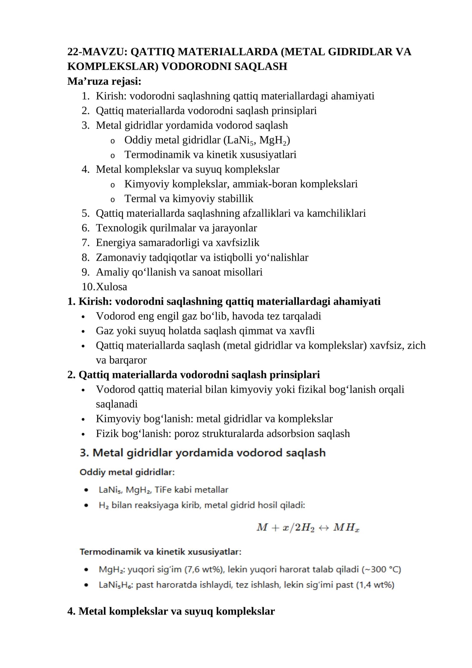 QATTIQ MATERIALLARDA (METAL GIDRIDLAR VA KOMPLEKSLAR) VODORODNI SAQLASH
