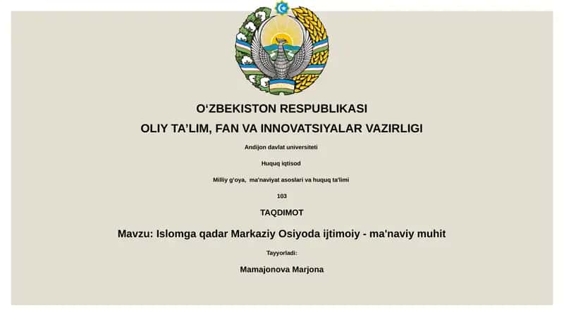 Islomga qadar Markaziy Osiyoda ijtimoiy - ma'naviy muhit