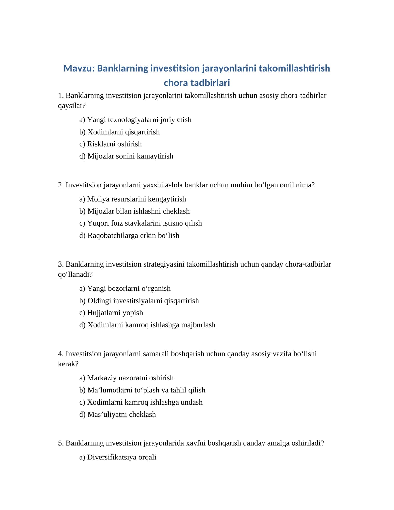 Banklarning investitsion jarayonlarini takomillashtirish chora tadbirlari