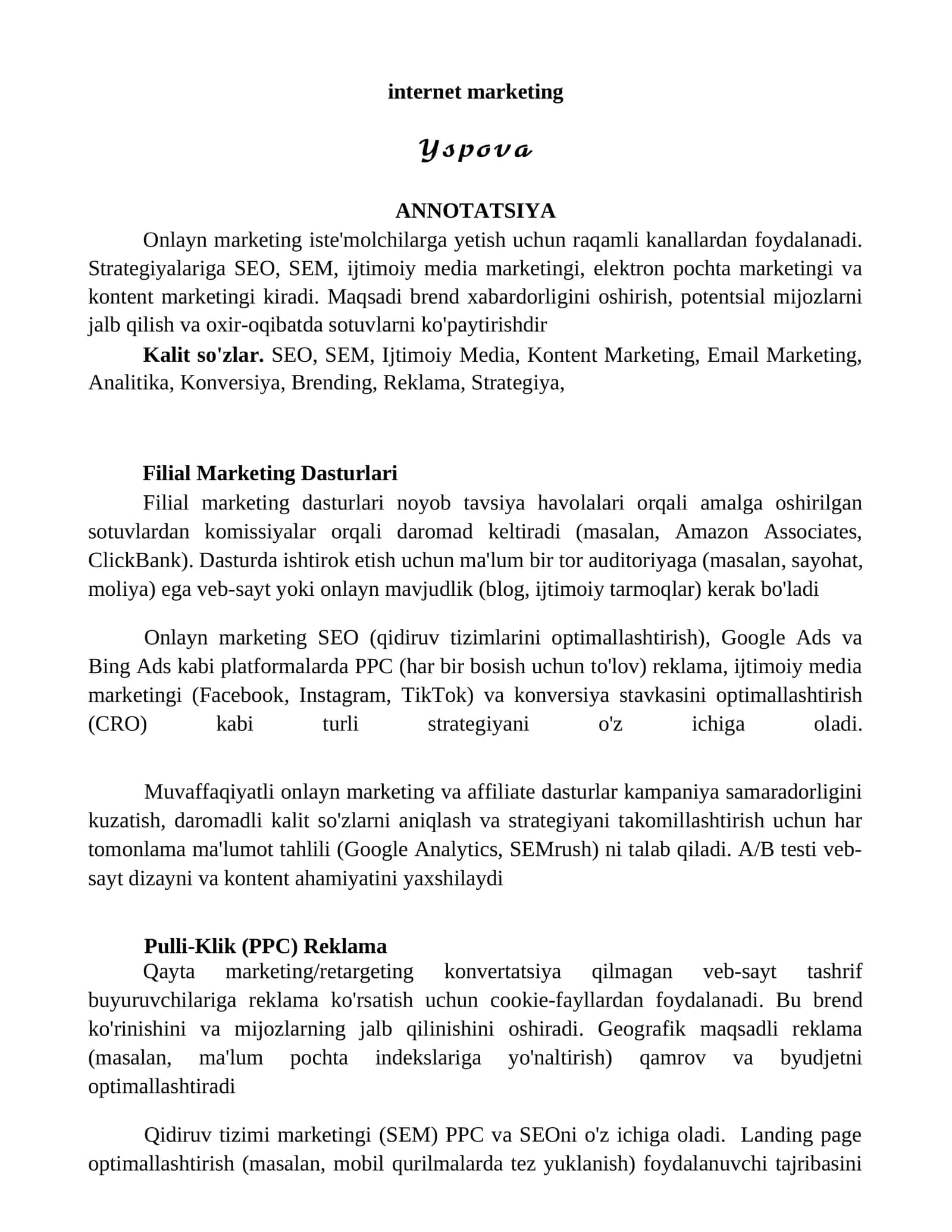Filial Marketing Dasturlari