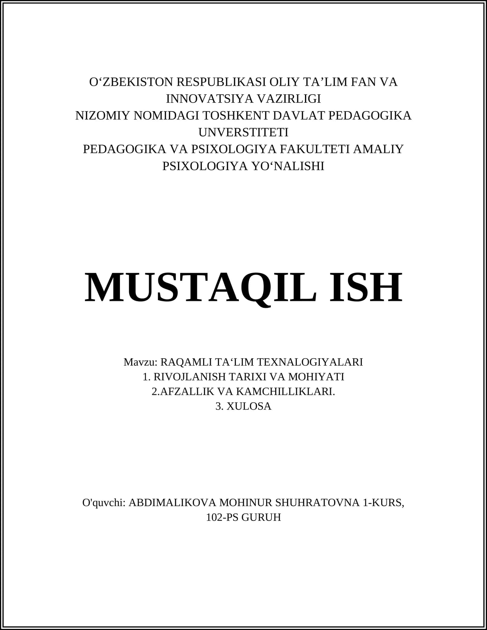 RAQAMLI TA'LIM TEXNALOGIYALARI