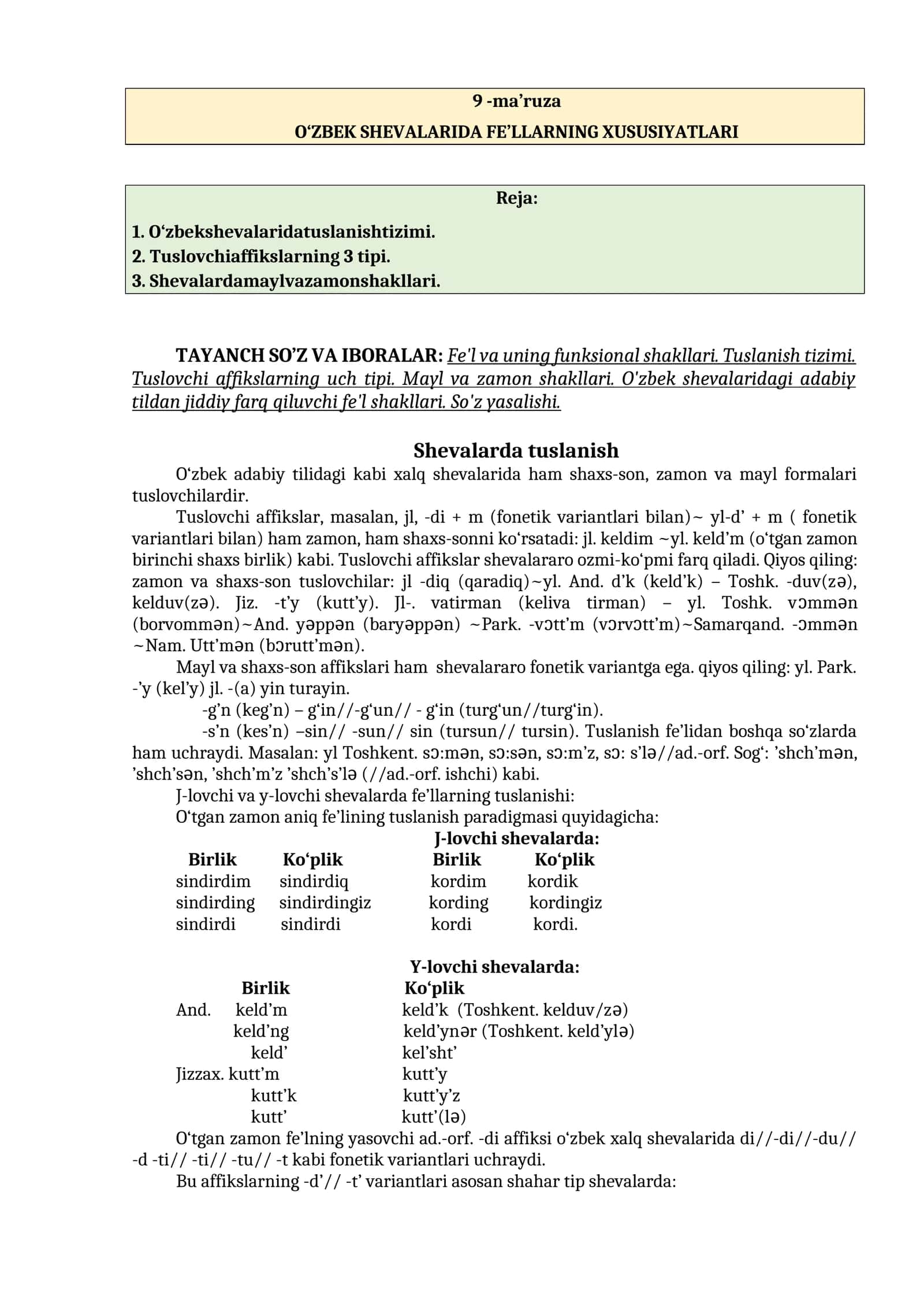 O‘ZBEK SHEVALARIDA FE’LLARNING XUSUSIYATLARI