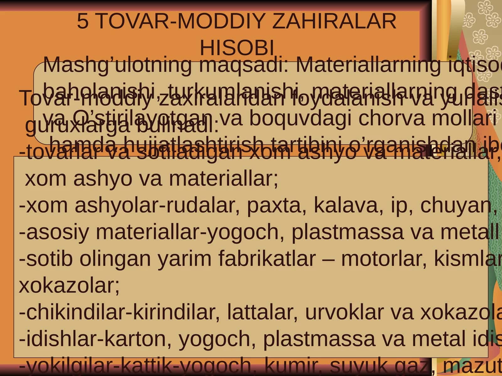 TOVAR-MODDIY ZAHIRALAR HISOBI