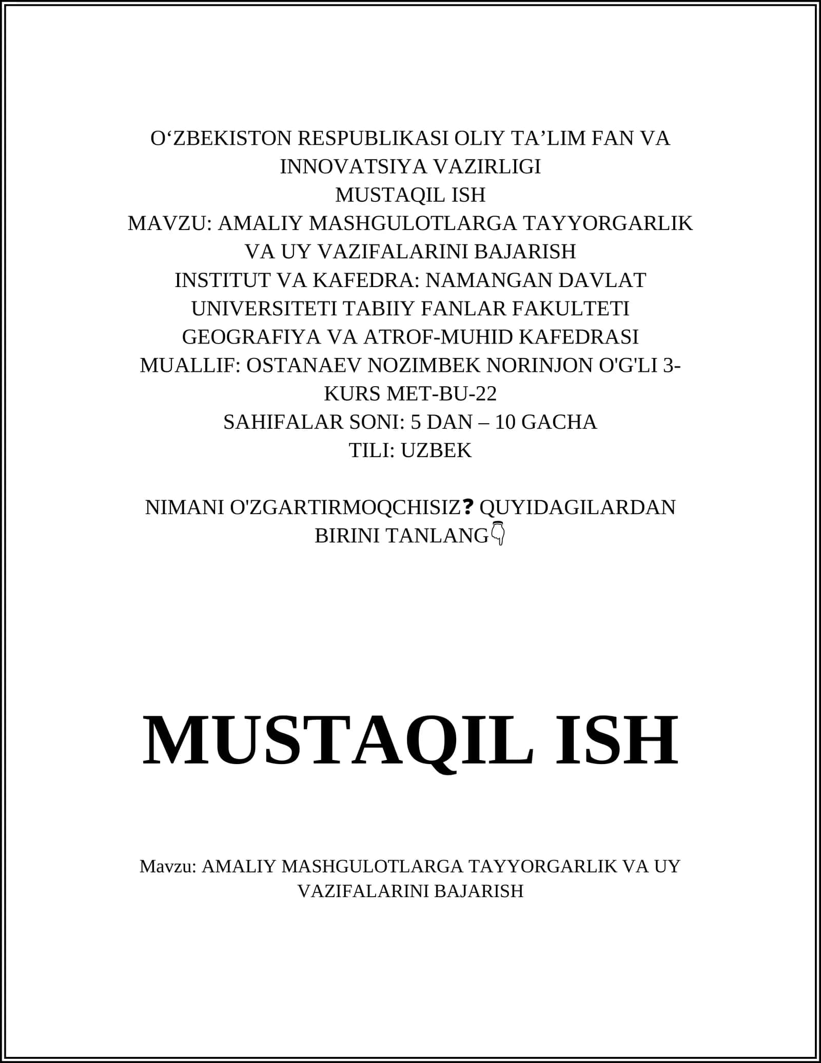 AMALIY MASHGULOTLARGA TAYYORGARLIK VA UY VAZIFALARINI BAJARISH