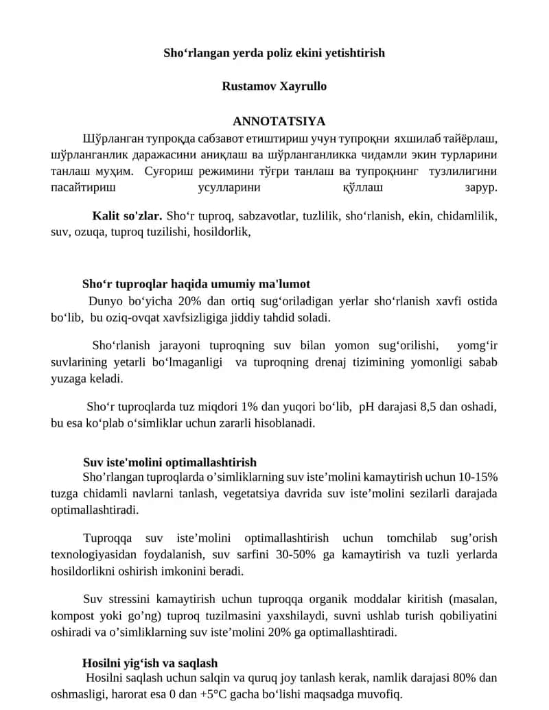 Shoʻrlangan yerda poliz ekini yetishtirish