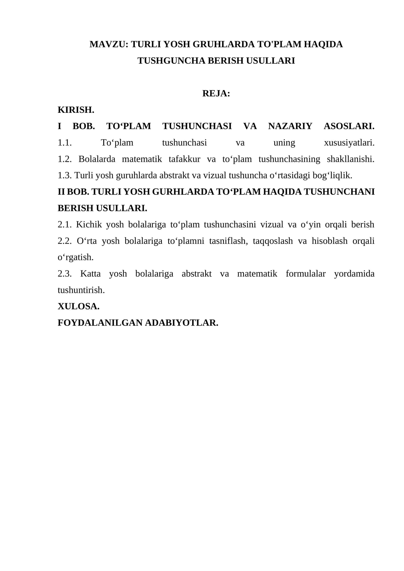 TURLI YOSH GRUHLARDA TO'PLAM HAQIDA TUSHGUNCHA BERISH USULLARI