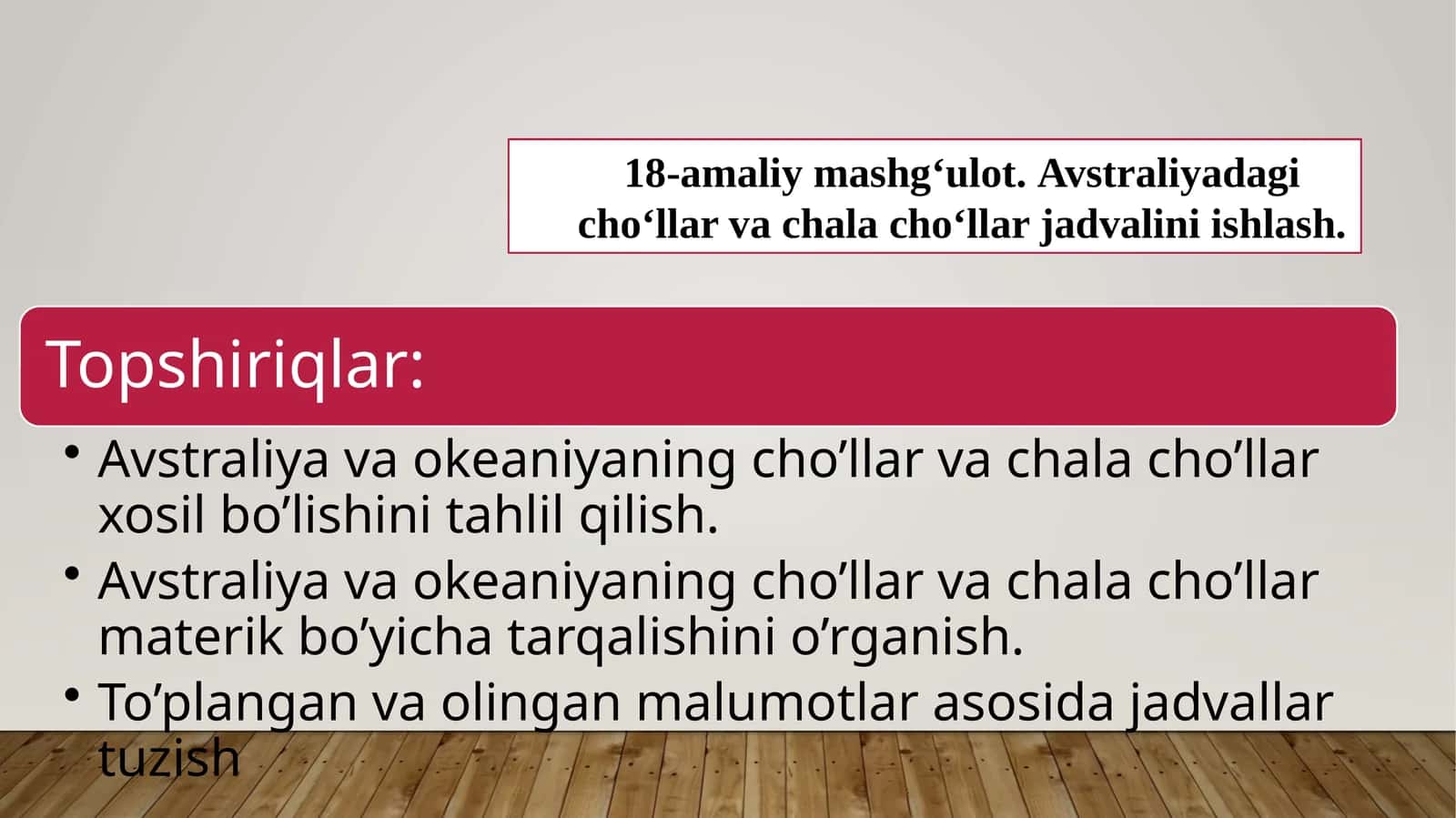 18-amaliy mashg‘ulot.Avstraliyadagi cho‘llar va chala cho‘llar jadvalini ishlash