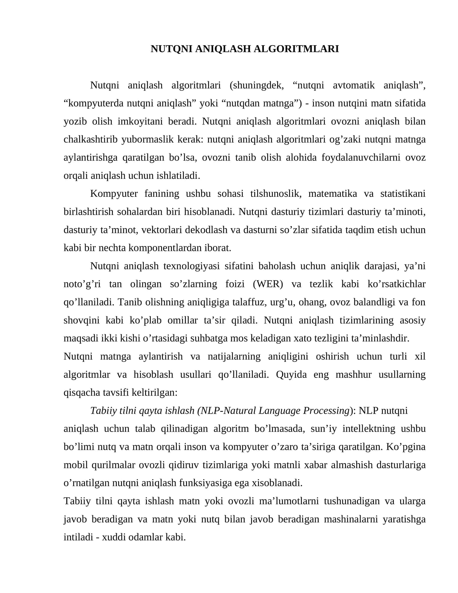 NUTQNI ANIQLASH ALGORITMLARI