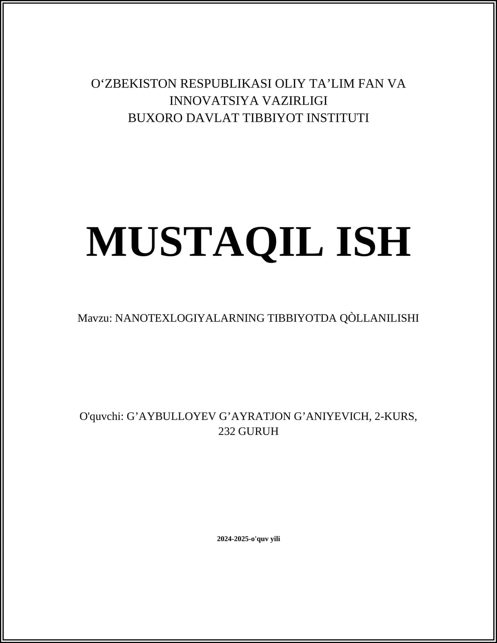 NANOTEXNOLOGIYALARNING TIBBIYOTDA QÒLLANILISHI
