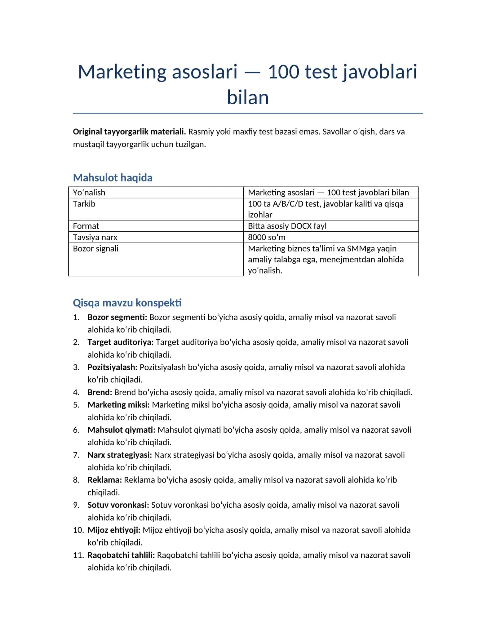 Marketing asoslari — 100 test javoblari bilan