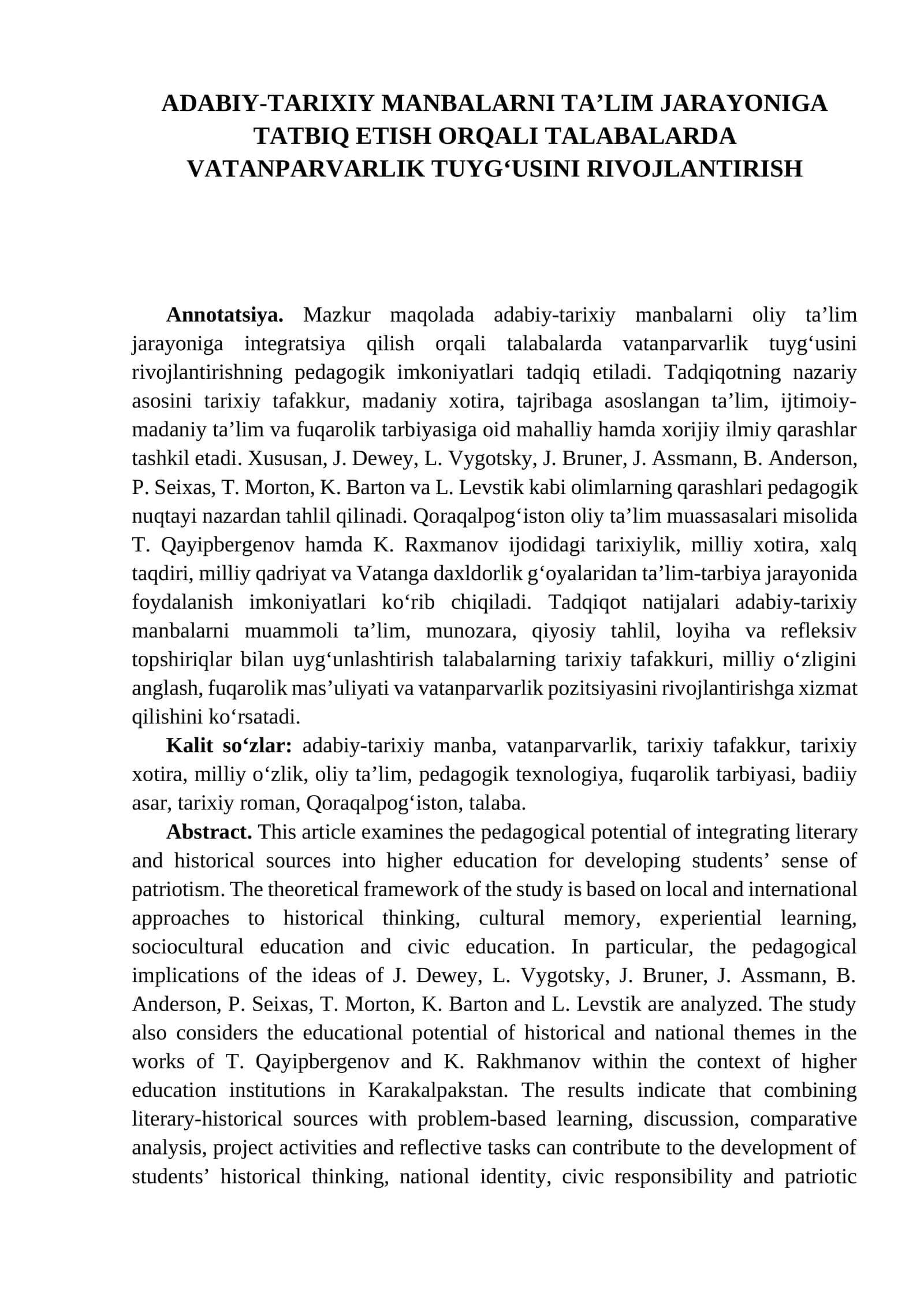 ADABIY-TARIXIY MANBALARNI TA’LIM JARAYONIGA TATBIQ ETISH ORQALI TALABALARDA VATANPARVARLIK TUYG‘USINI RIVOJLANTIRISH