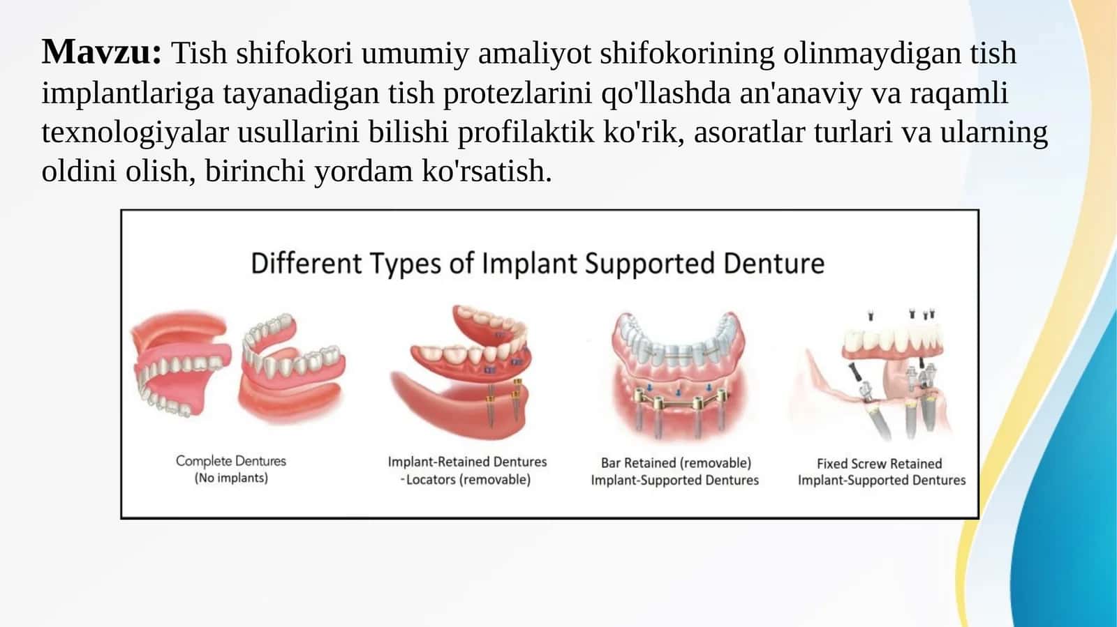 Tish shifokori umumiy amaliyot shifokorining olinmaydigan tish implantlariga tayanadigan tish protez