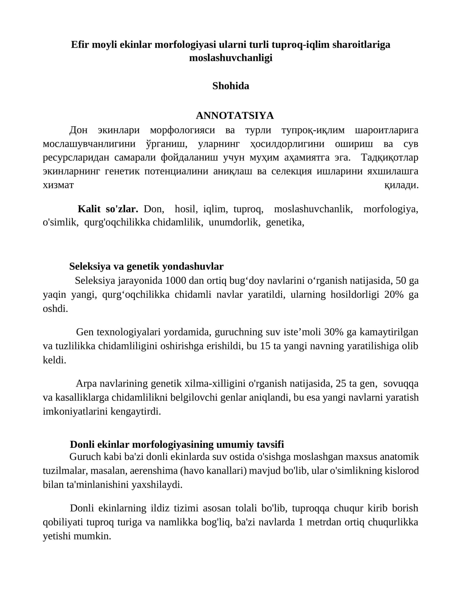 Efir moyli ekinlar morfologiyasi