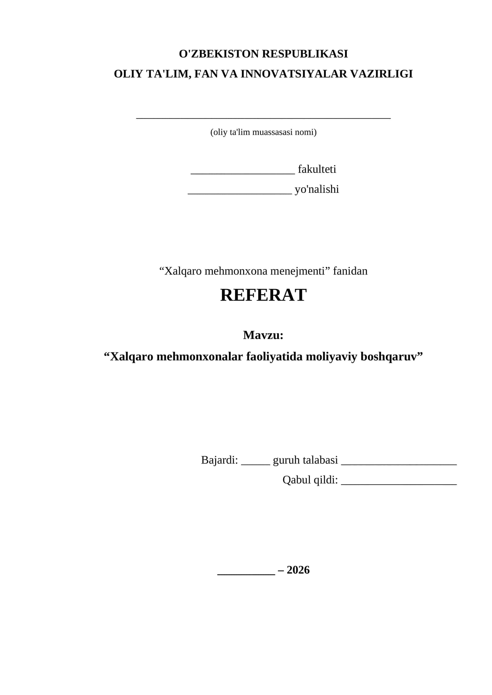 Xalqaro mehmonxona faoliyatida moliyaviy boshqaruv