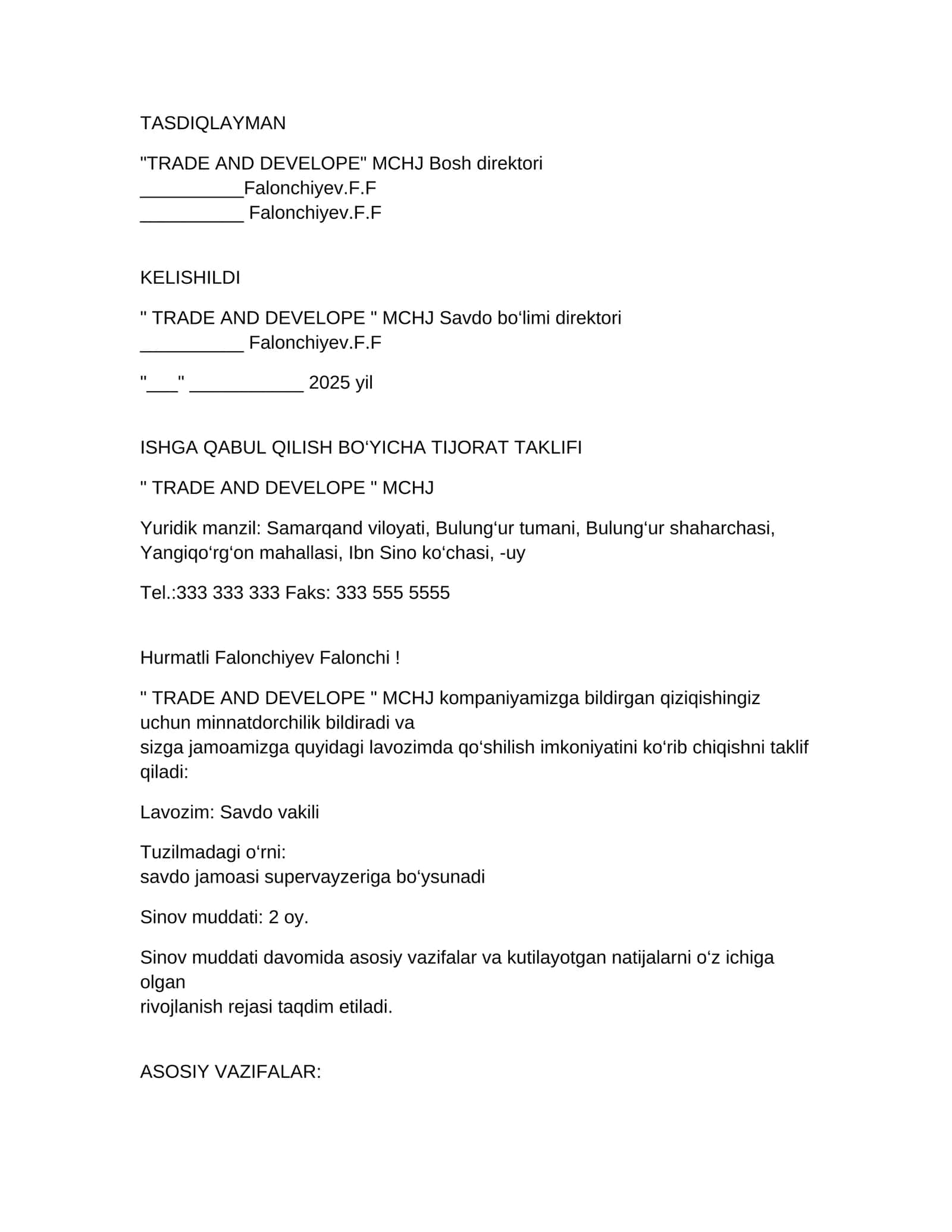 Savdo vakili uchun job offer(ishga taklif) o'zbek tilida