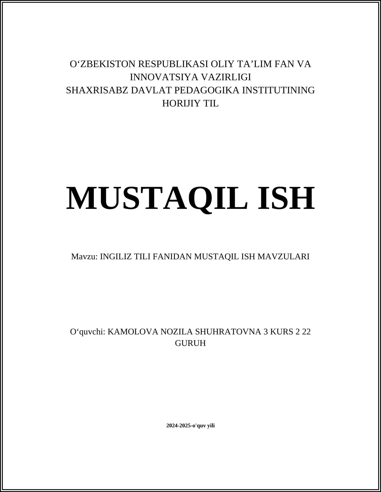 INGILIZ TILI FANIDAN MUSTAQIL ISH MAVZULARI