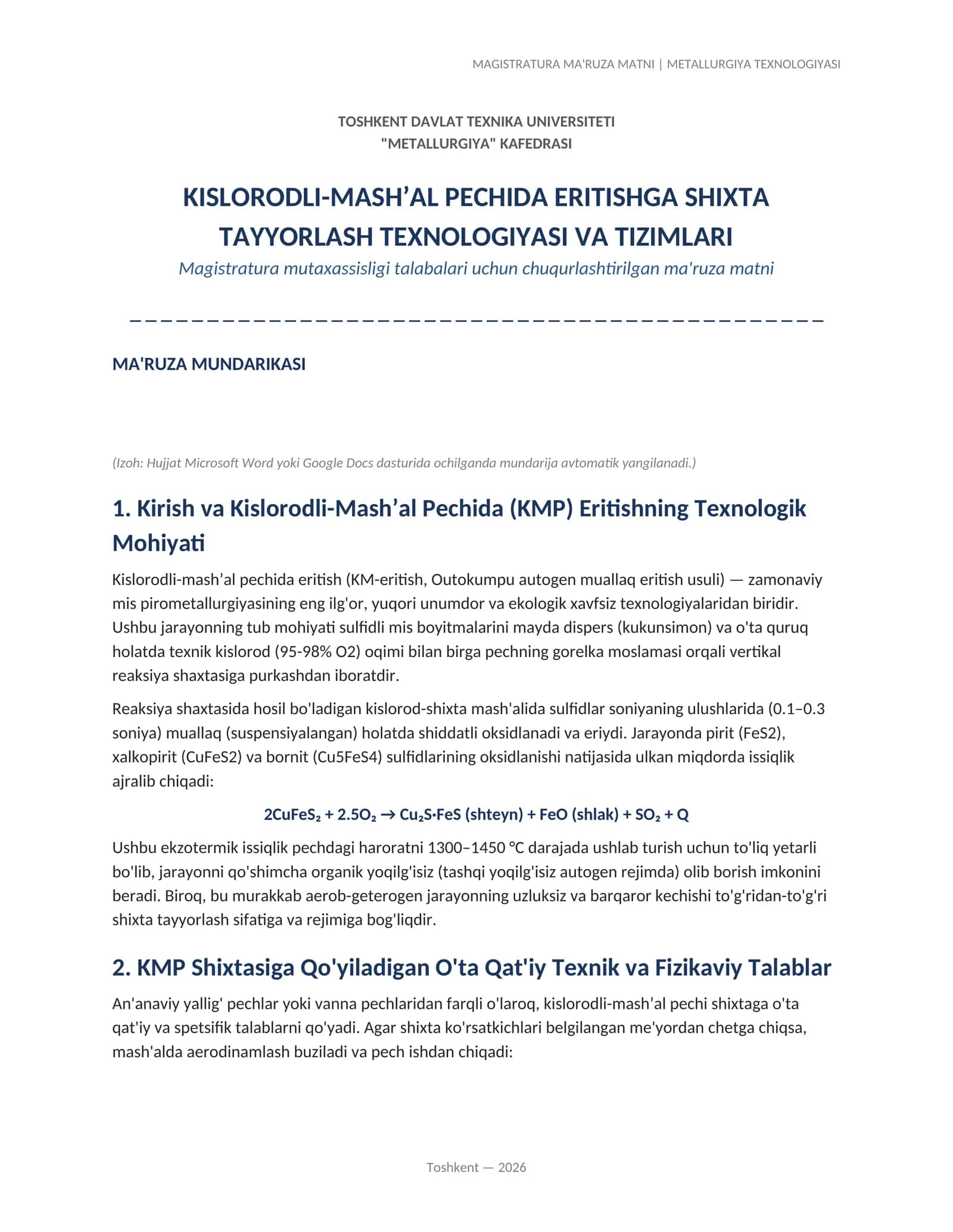 MAGISTRATURA MA'RUZA MATNI | METALLURGIYA TEXNOLOGIYASI
