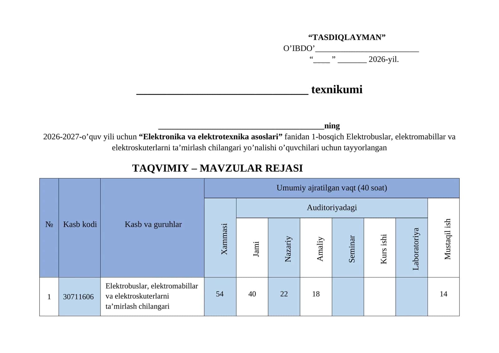 Elektrotexnika fanidan Elektrobus.... yo'nalishi uchn taqvim