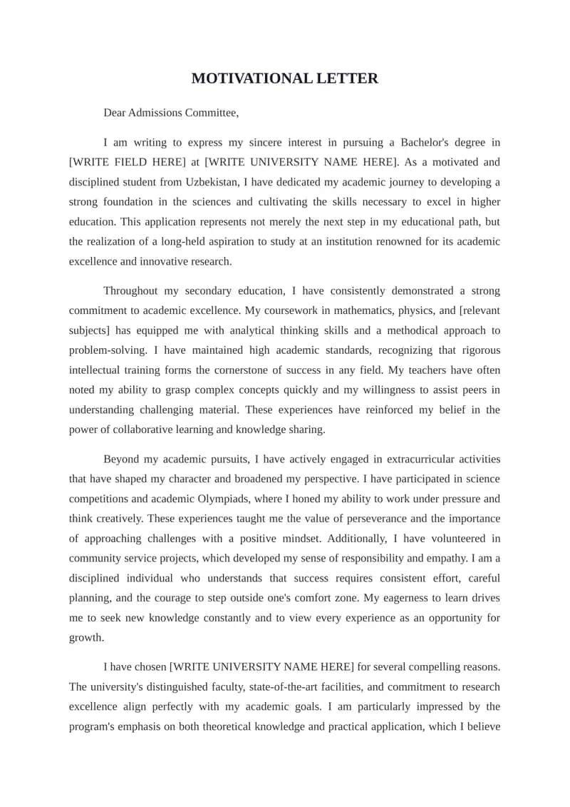 Proffesional uslubda Motivational Letter shabloni