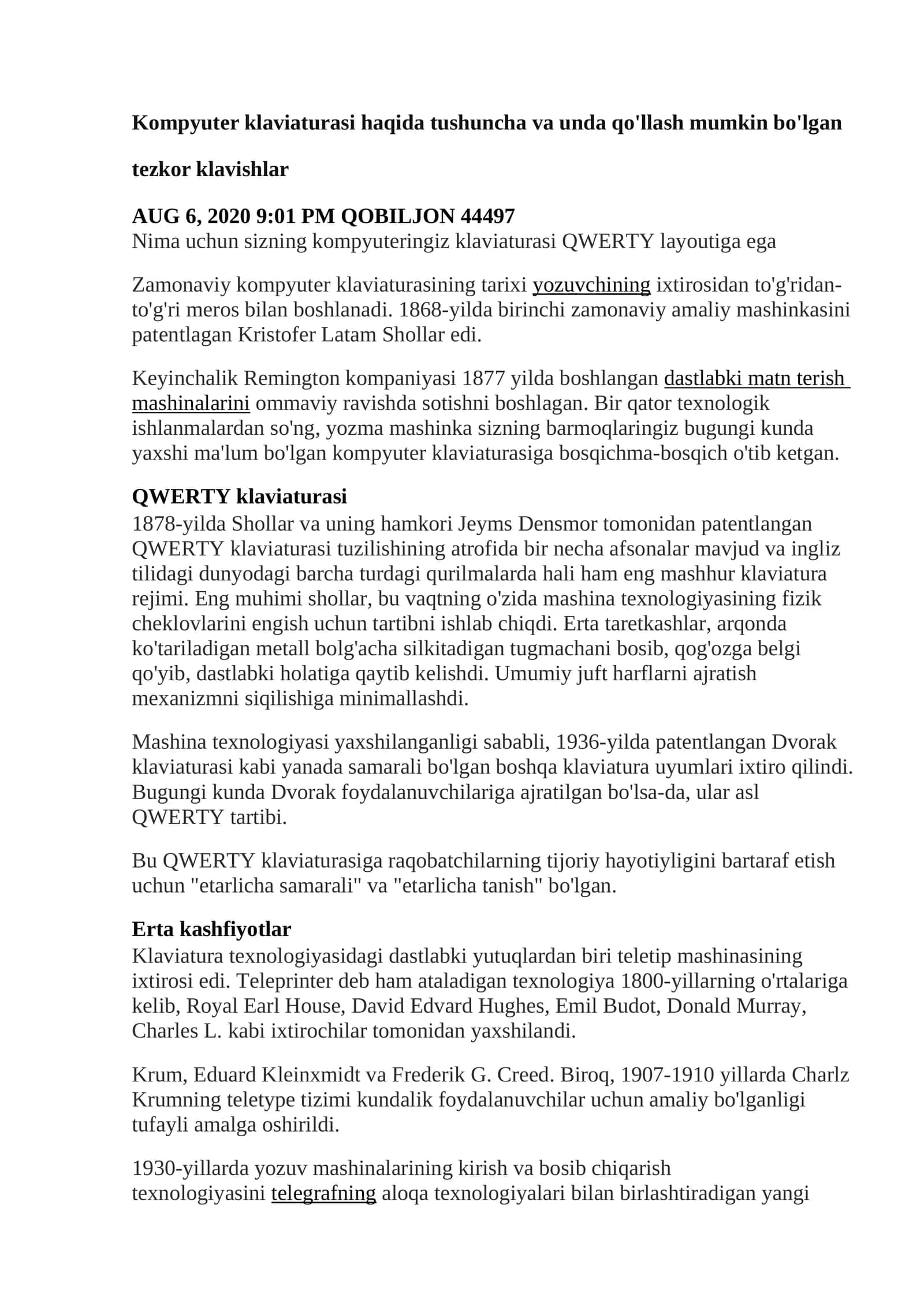 Kompyuter klaviaturasi haqida tushuncha va unda qo'llash mumkin bo'lgan tezkor klavishlar