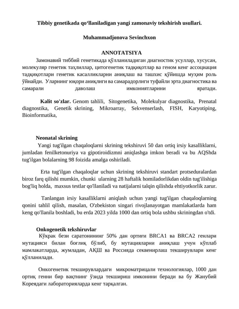 Tibbiy genetikada qoʻllaniladigan yangi zamonaviy tekshirish usullari