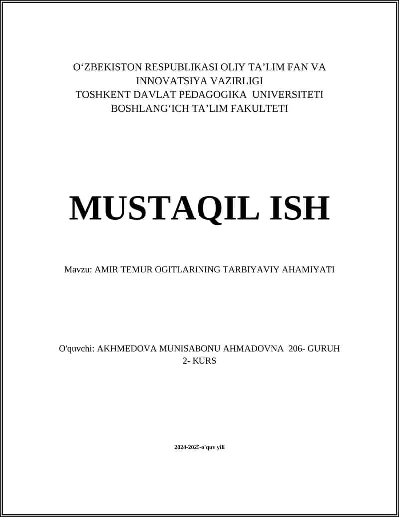 AMIR TEMUR OGITLARINING TARBIYAVIY AHAMIYATI
