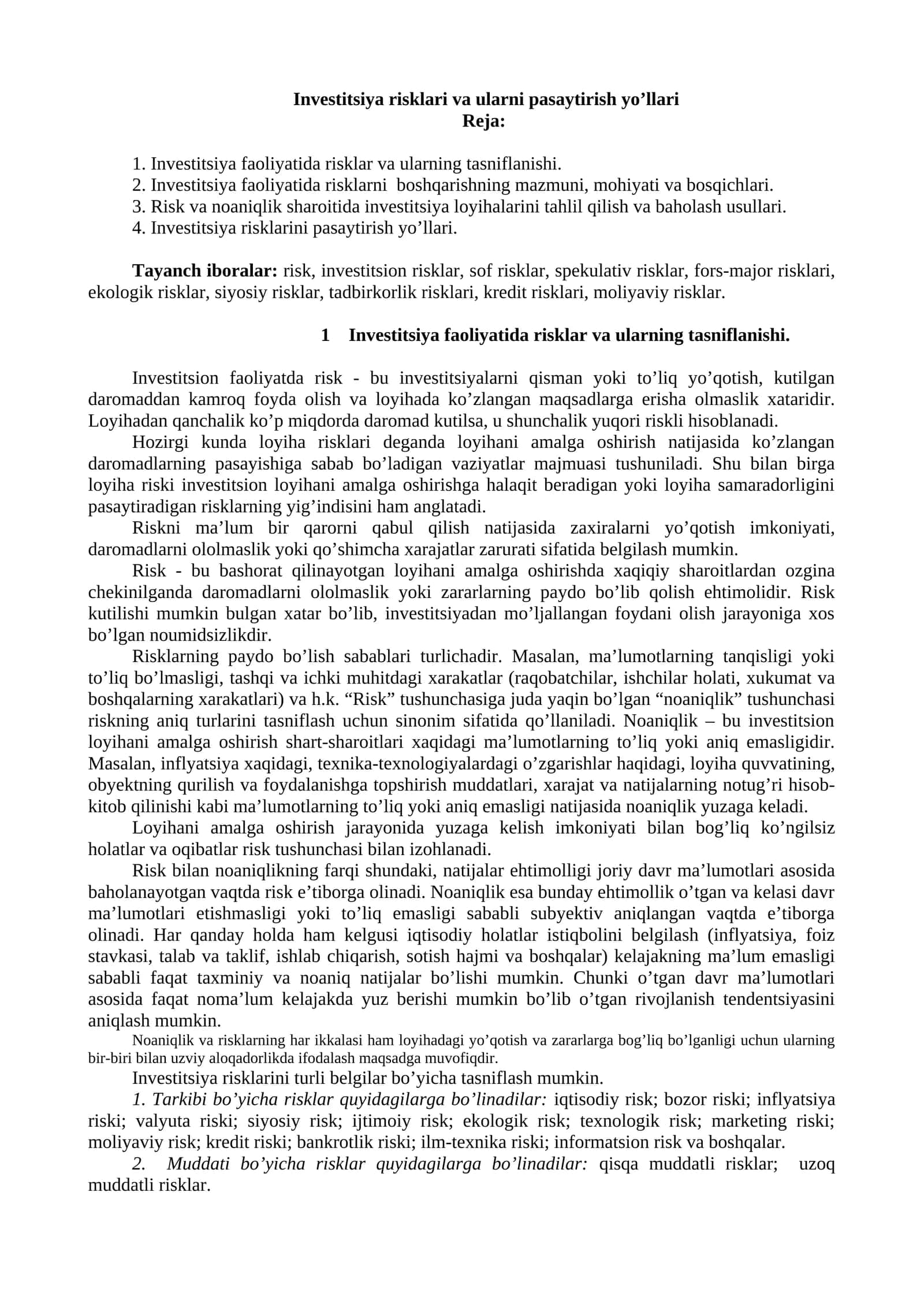Investitsiya risklari va ularni pasaytirish yo’llari