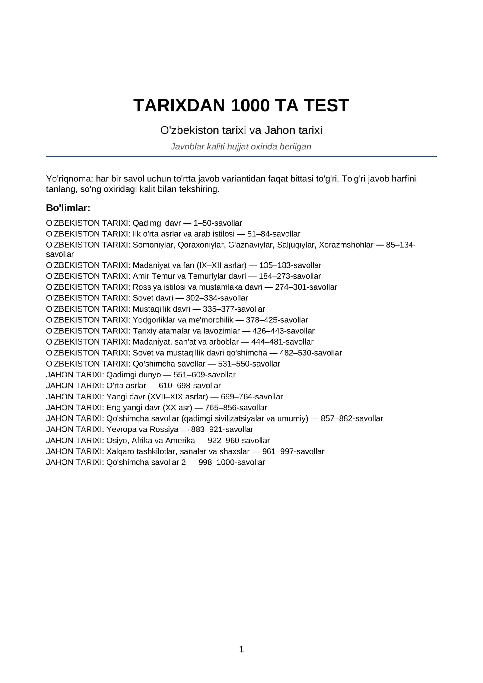 TARIXDAN 1000 TA TEST