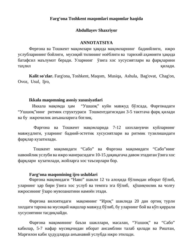Fargʻona Toshkent maqomlari maqomlar haqida