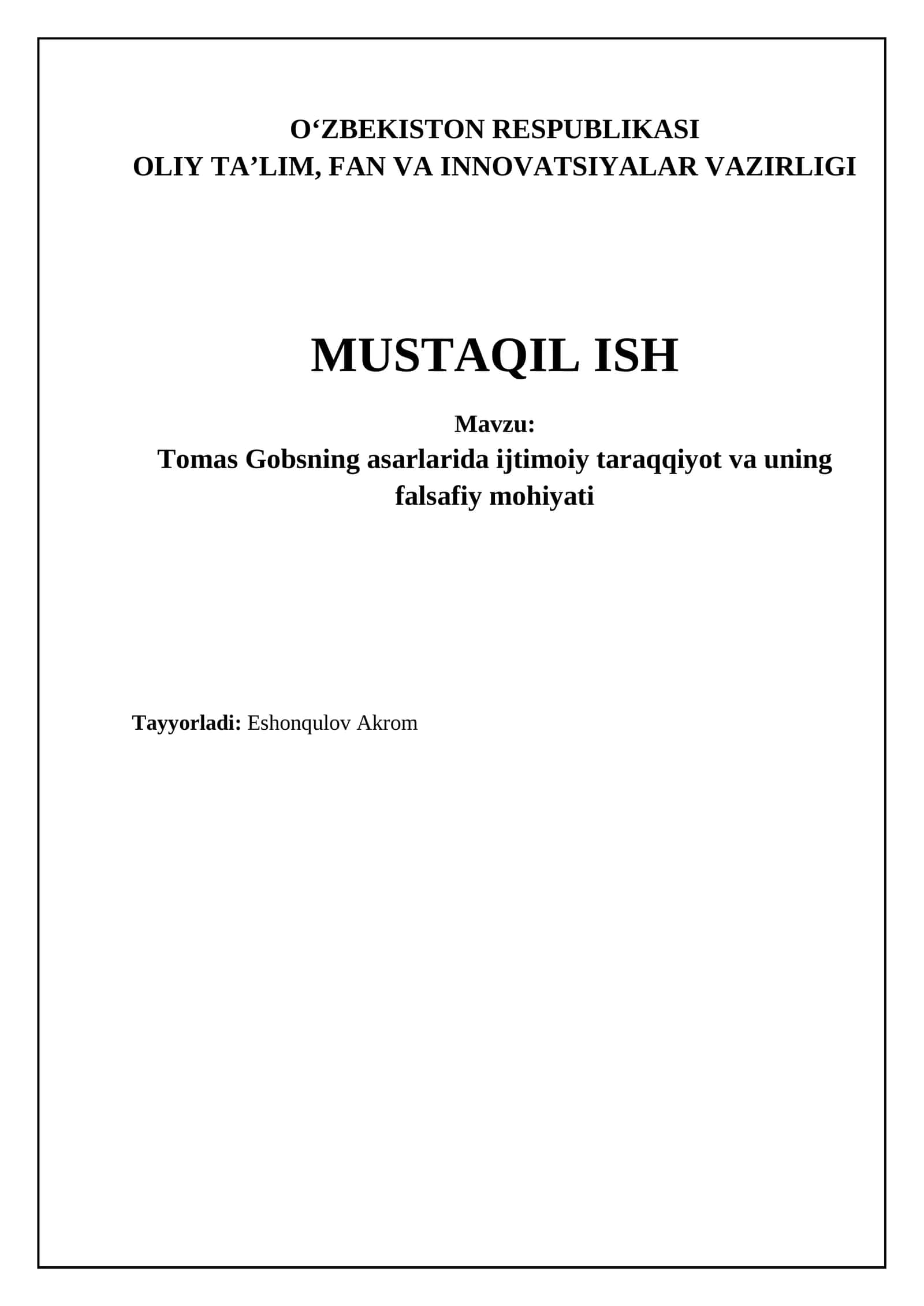 Tomas Gobsning asarlarida ijtimoiy taraqqiyot va uning falsafiy mohiyati