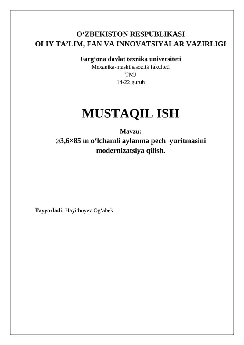 Aylanma pech yuritmasini modernizatsiya qilish