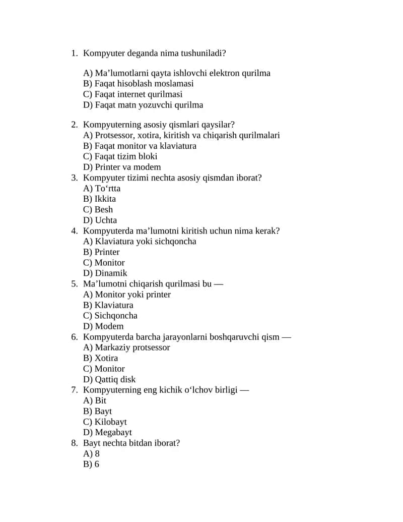 Kompyuter bo'yicha test savol-javoblari