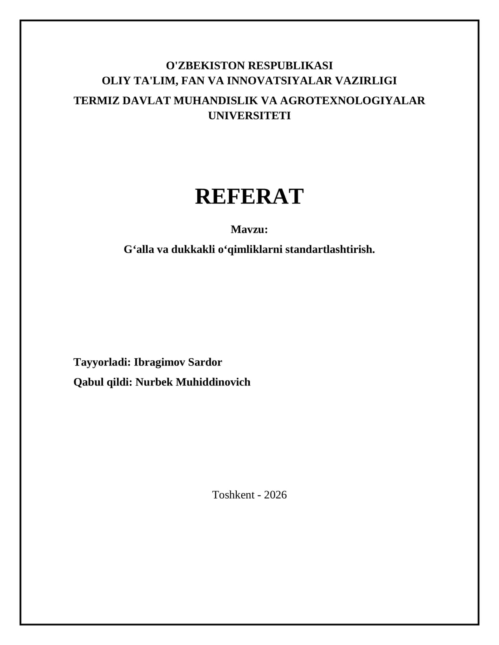 G‘alla va dukkakli o‘qimliklarni standartlashtirish