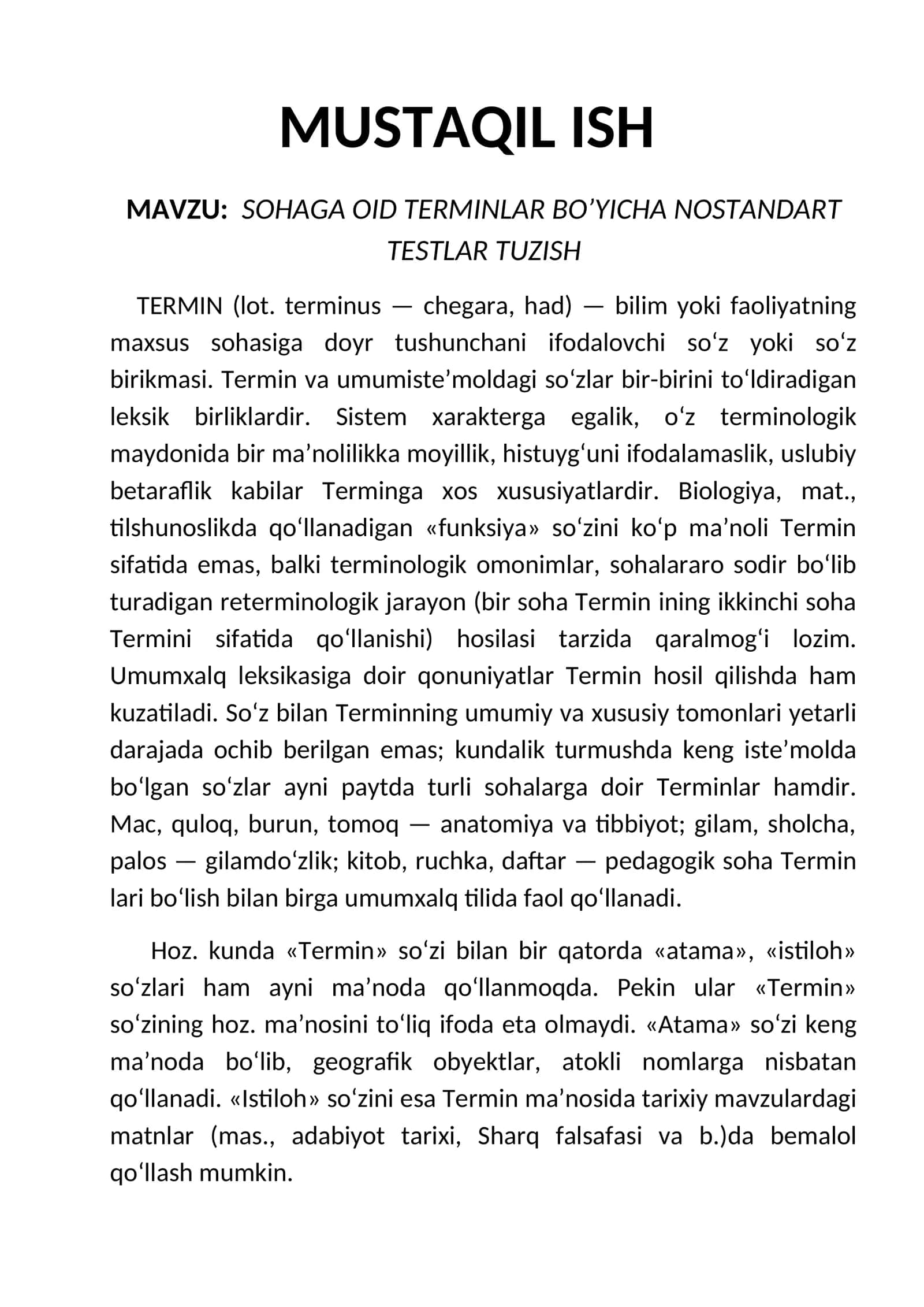 Terminlar bo'yicha Nostandart Testlar Tuzish