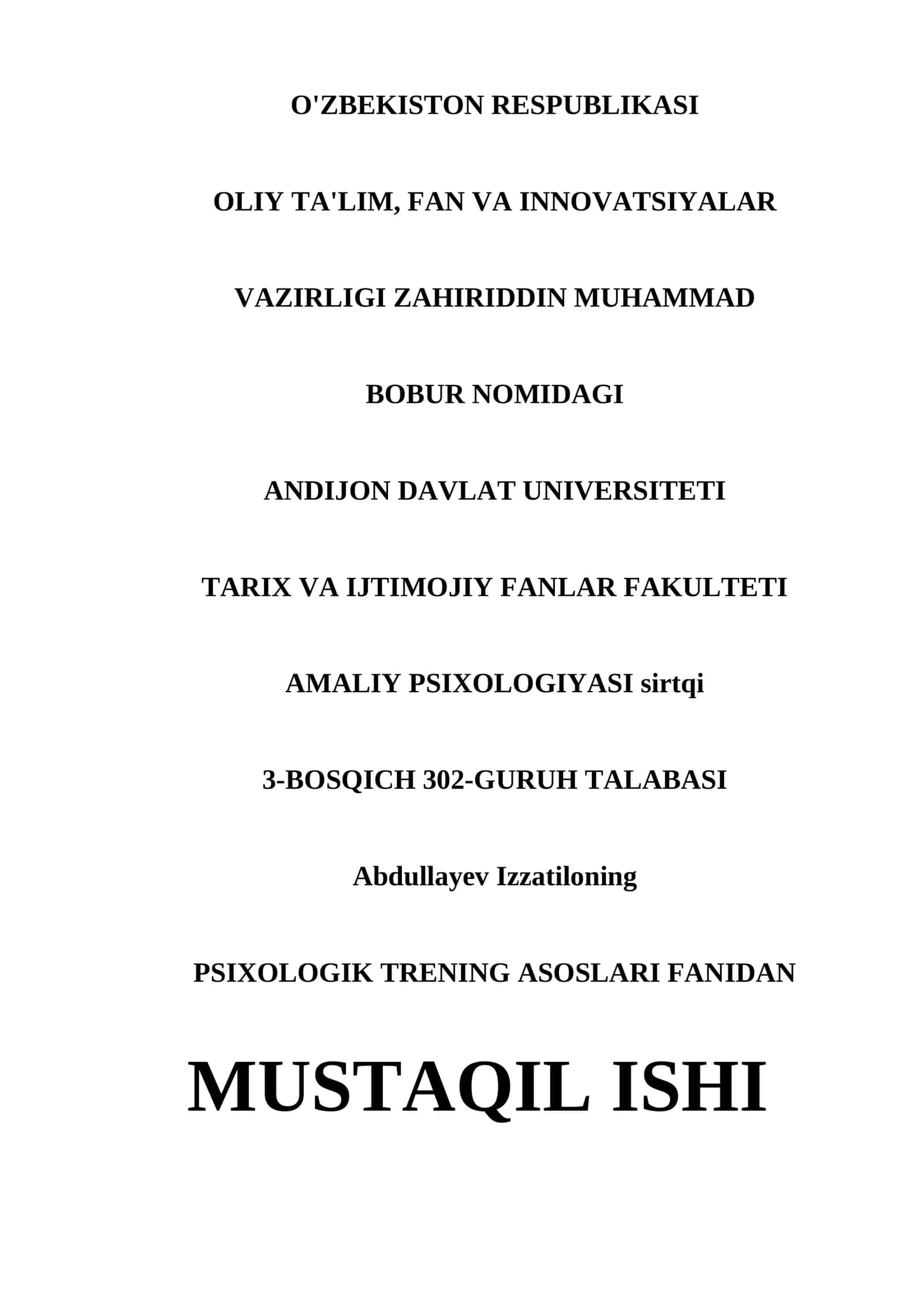 PSIXOLOGIK TRENING ASOSLARI FANIDAN MUSTAQIL ISHI