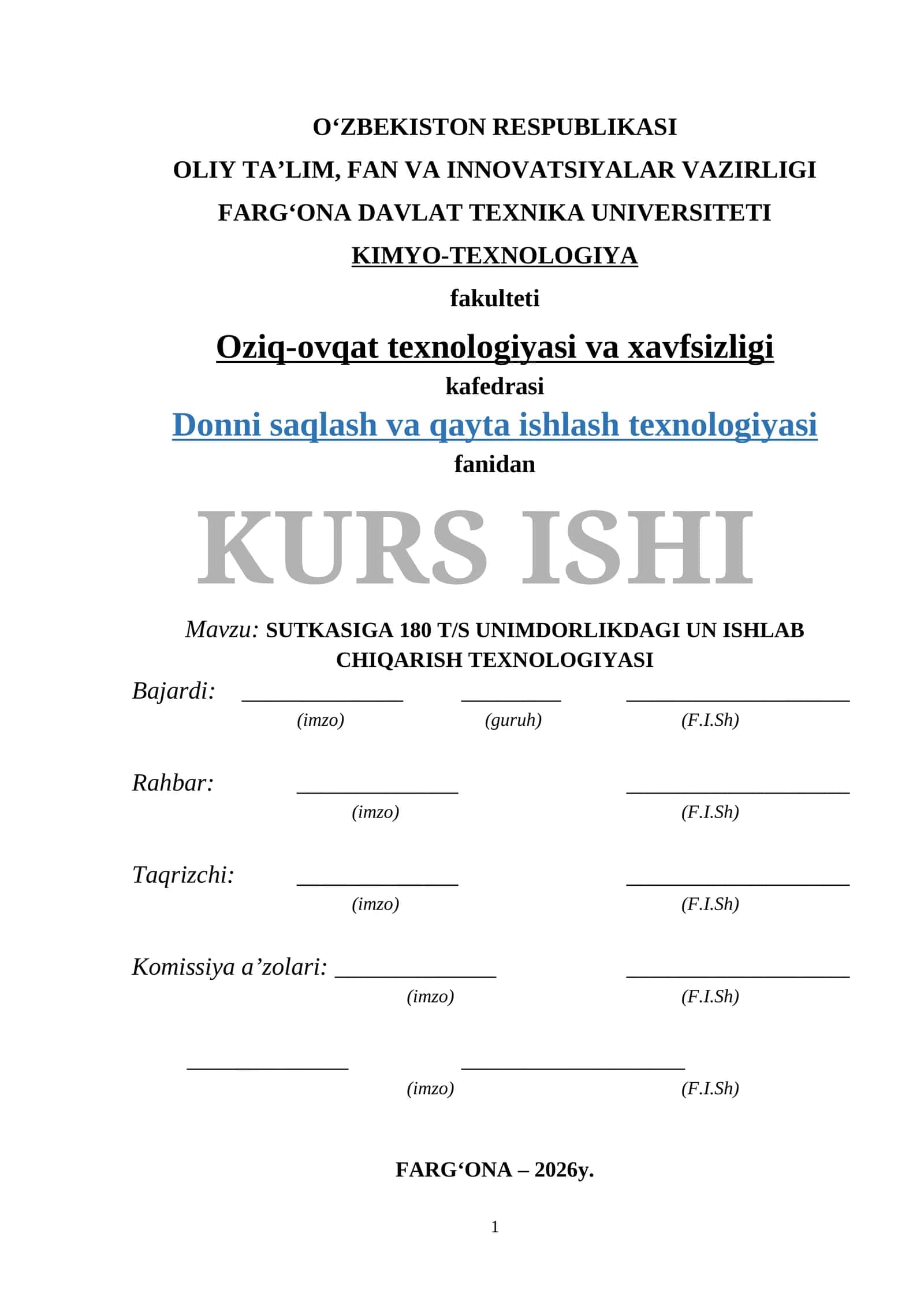 SUTKASIGA 180 T/S UNIMDORLIKDAGI UN ISHLAB CHIQARISH TEXNOLOGIYASI