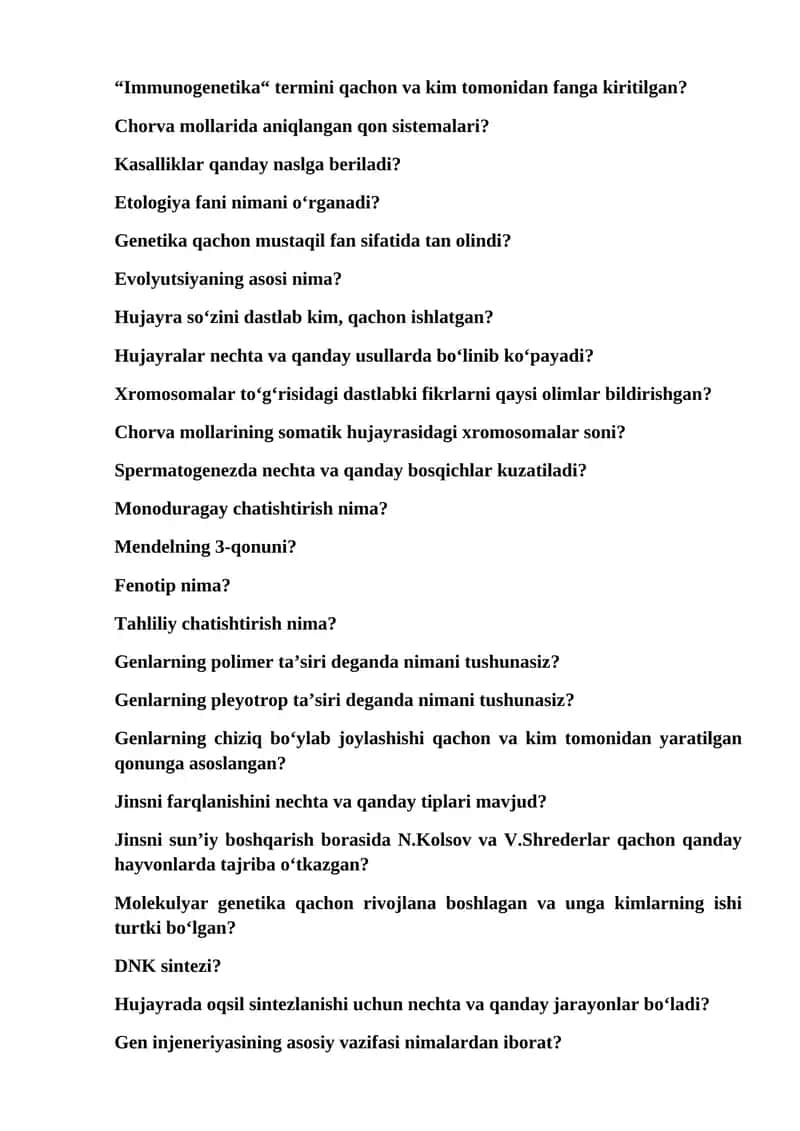 Genetika fanidan test savollari