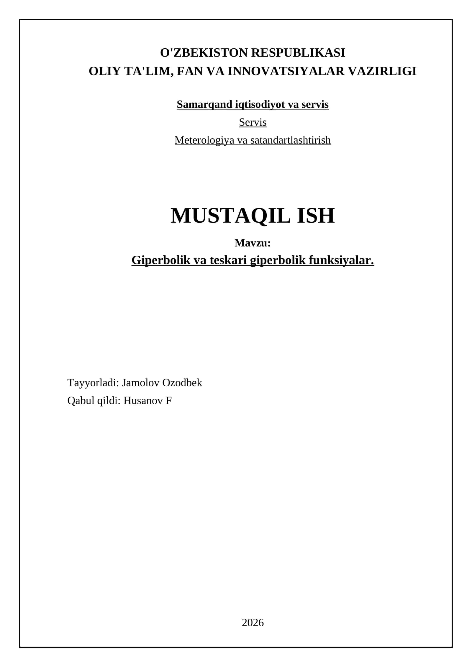 Giperbolik va teskari giperbolik funksiyalar