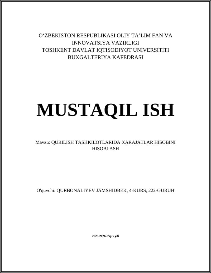 Qurilish Tashkilotlarida Xarajatlar Hisobini Hisoblash