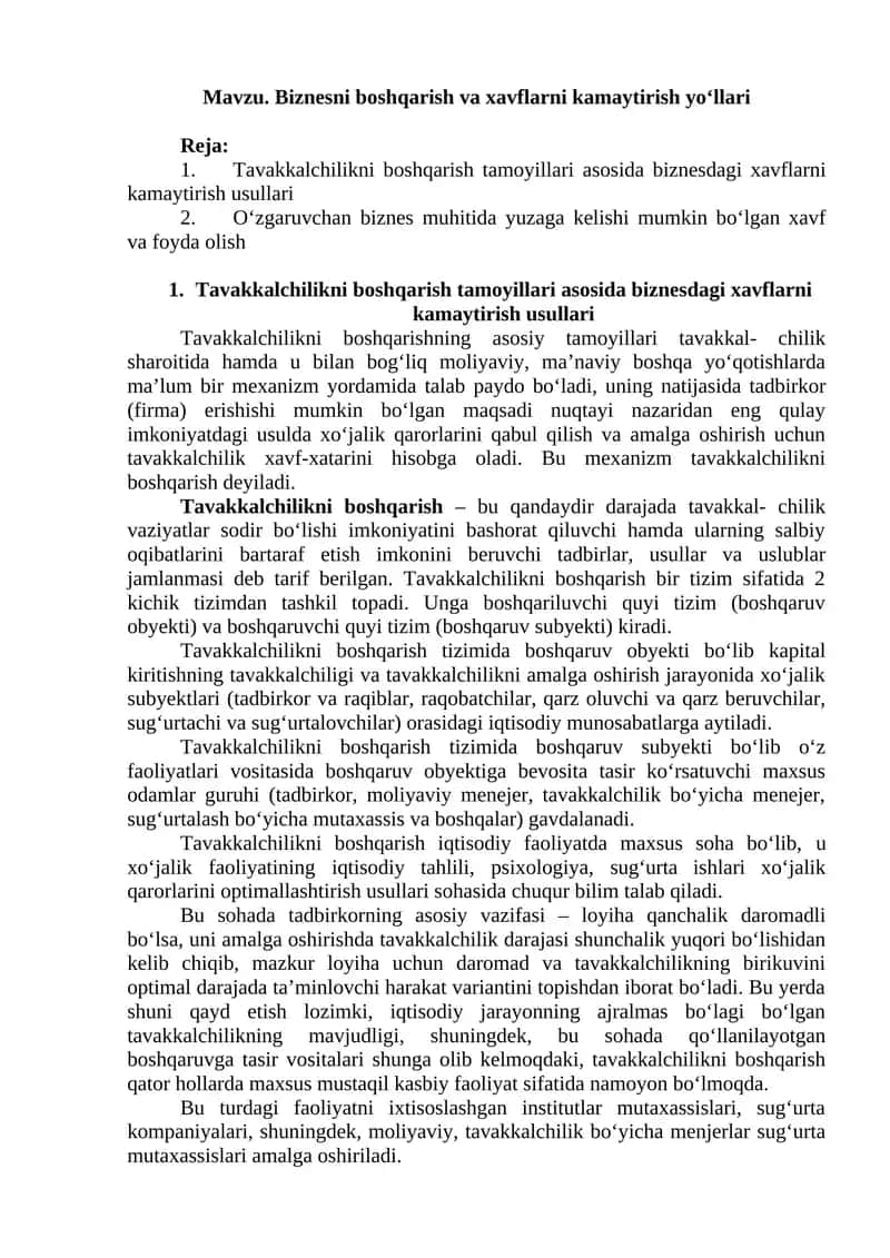 Tavakkalchilikni boshqarish va xavflarni kamaytirish yo‘llari