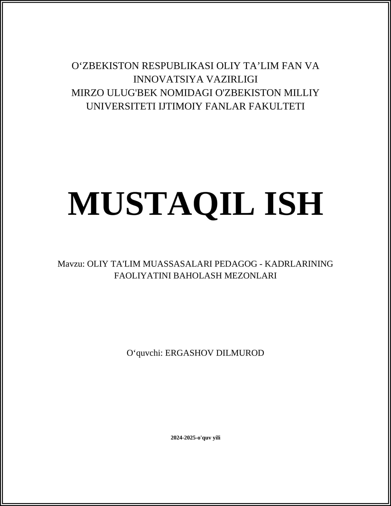 OLIY TA'LIM MUASSASALARI PEDAGOG - KADRLARINING FAOLIYATINI BAHOLASH MEZONLARI