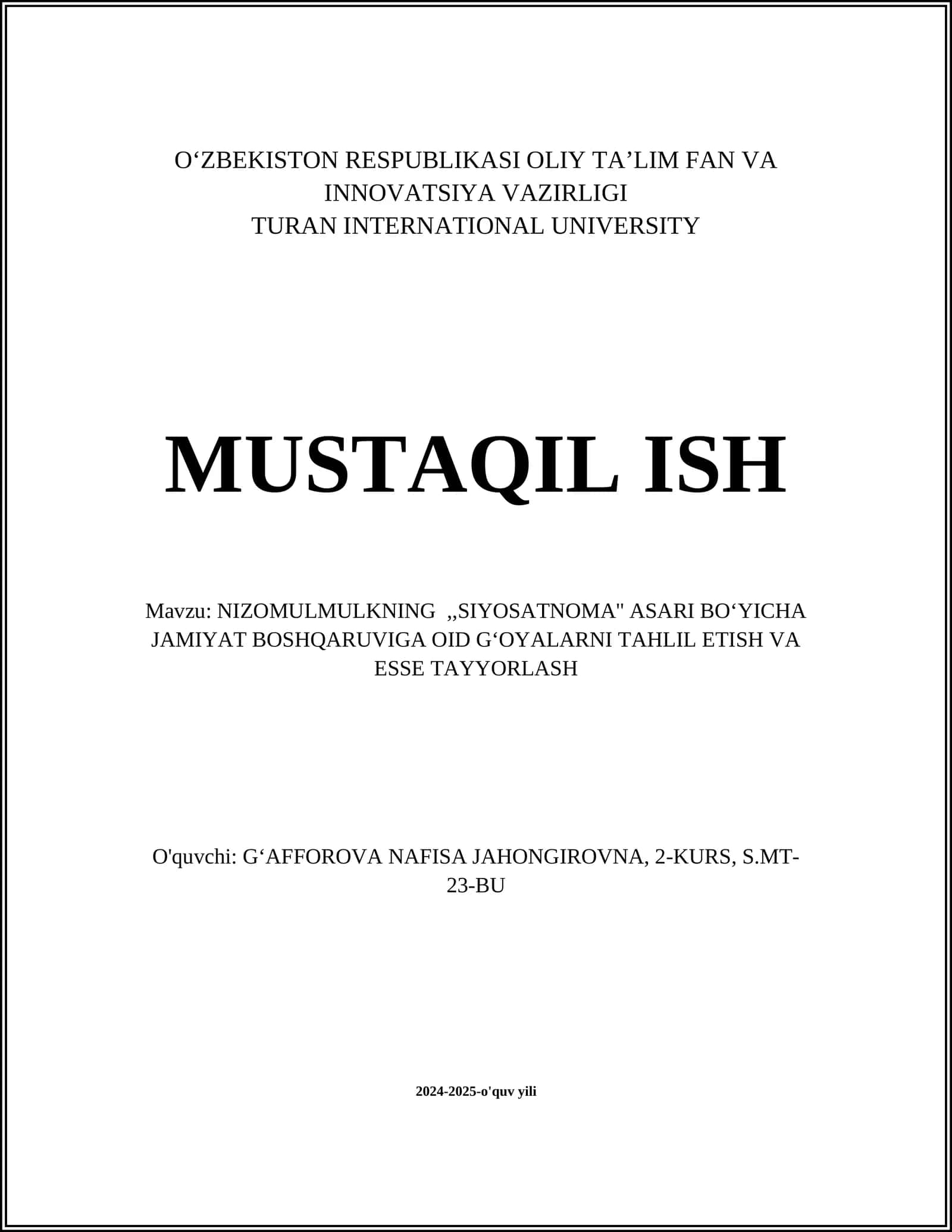 NIZOMULMULKNING,,SIYOSATNOMA'' ASARI BOʻYICHA JAMIYAT BOSHQARUVIGA OID GʻOYALARNI TAHLIL ETISH VA ESSE TAYYORLASH