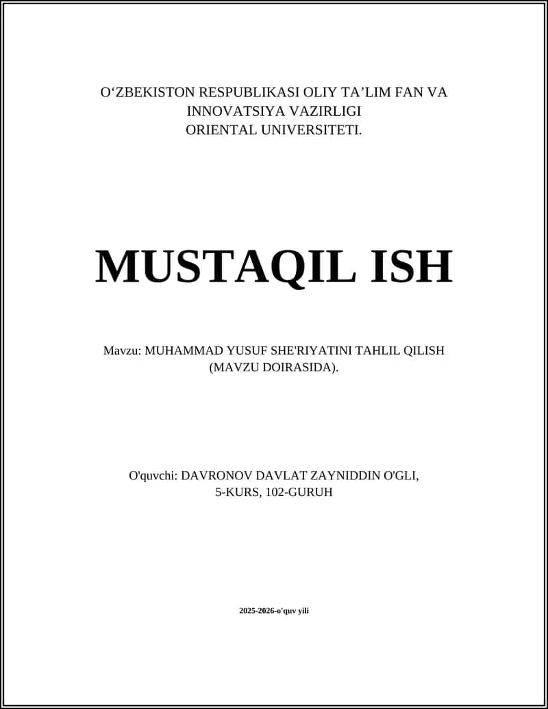 MUHAMMAD YUSUF SHE'RIYATINI TAHLIL QILISH (MAVZU DOIRASIDA)