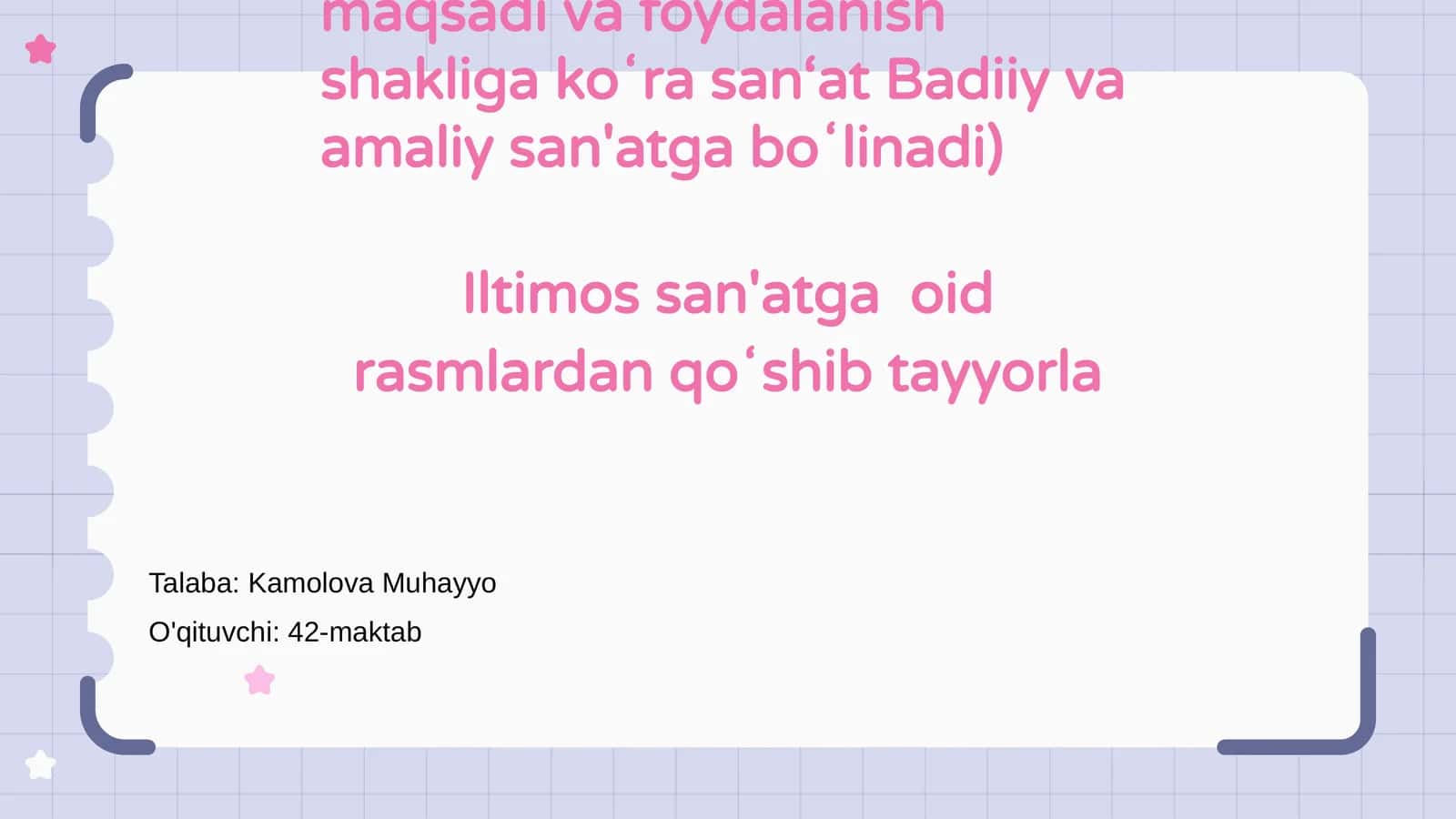 San‘at (yaratilish maqsadi va foydalanish shakliga koʻra san‘at Badiiy va amaliy san'atga boʻlinadi)