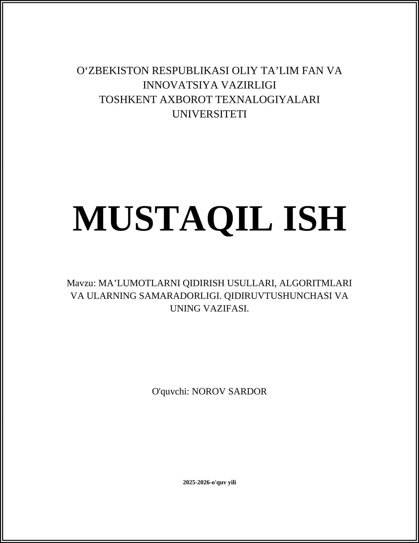 MA’LUMOTLARNI QIDIRISH USULLARI, ALGORITMLARI VA ULARNING SAMARADORLIGI